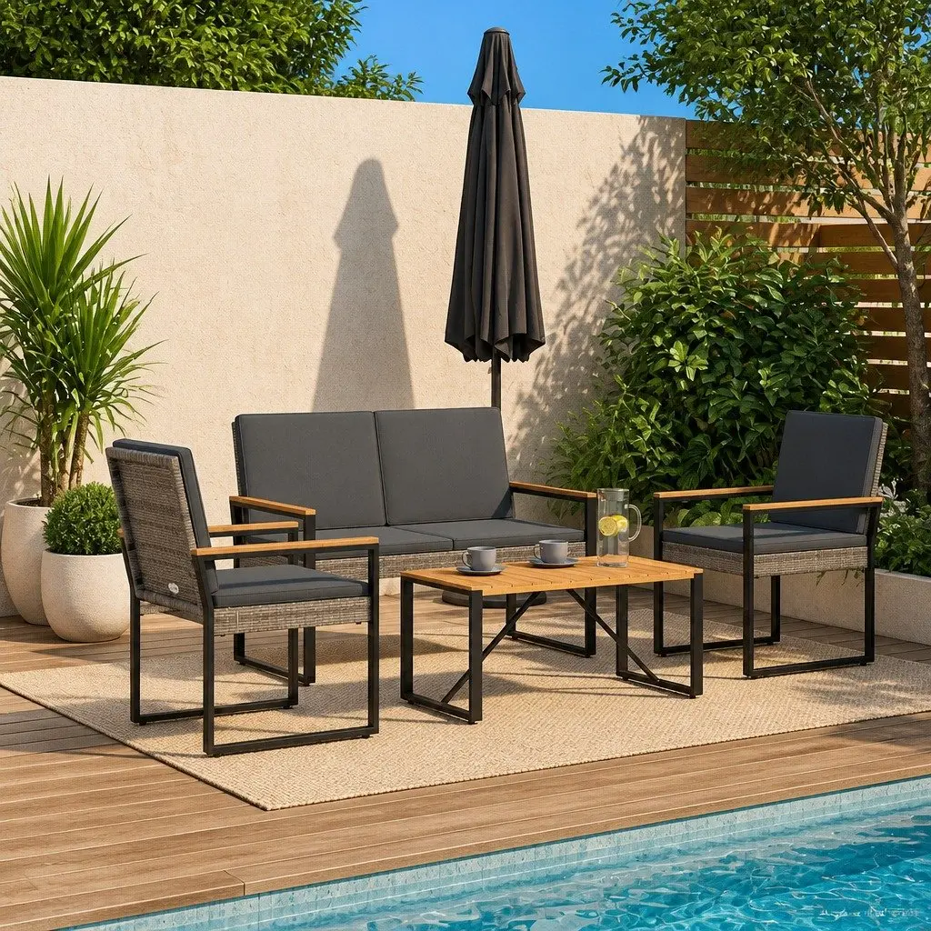 Outdoor Furniture Set 4 Pieces Grey Poly Rattan Garden Patio Seating Dining