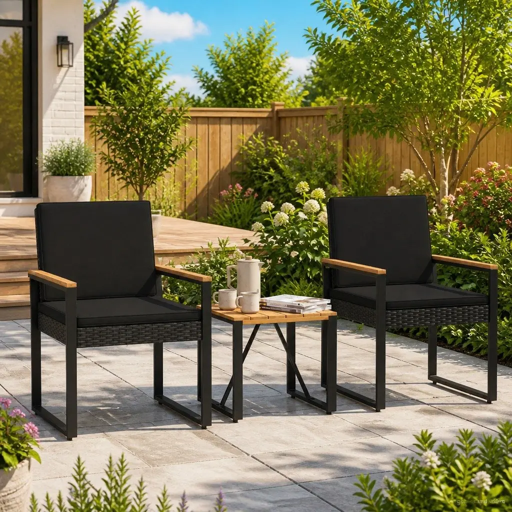 Outdoor Furniture Set 3 Piece Black Poly Rattan Chairs Table