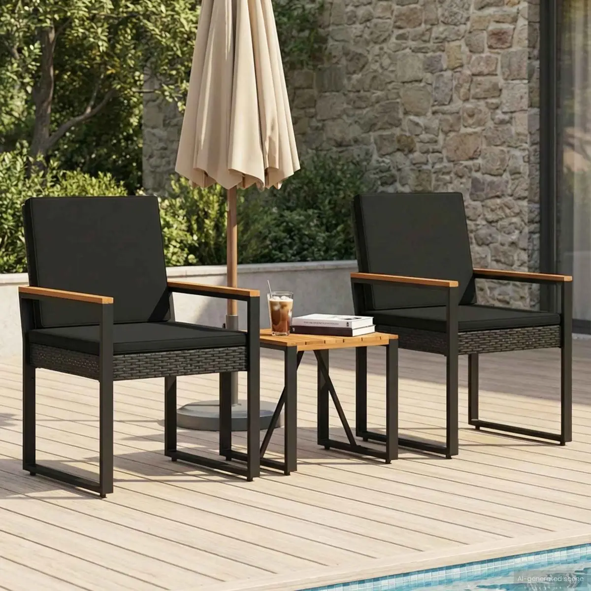 Outdoor Furniture Set 3 Piece Black Poly Rattan Chairs Table