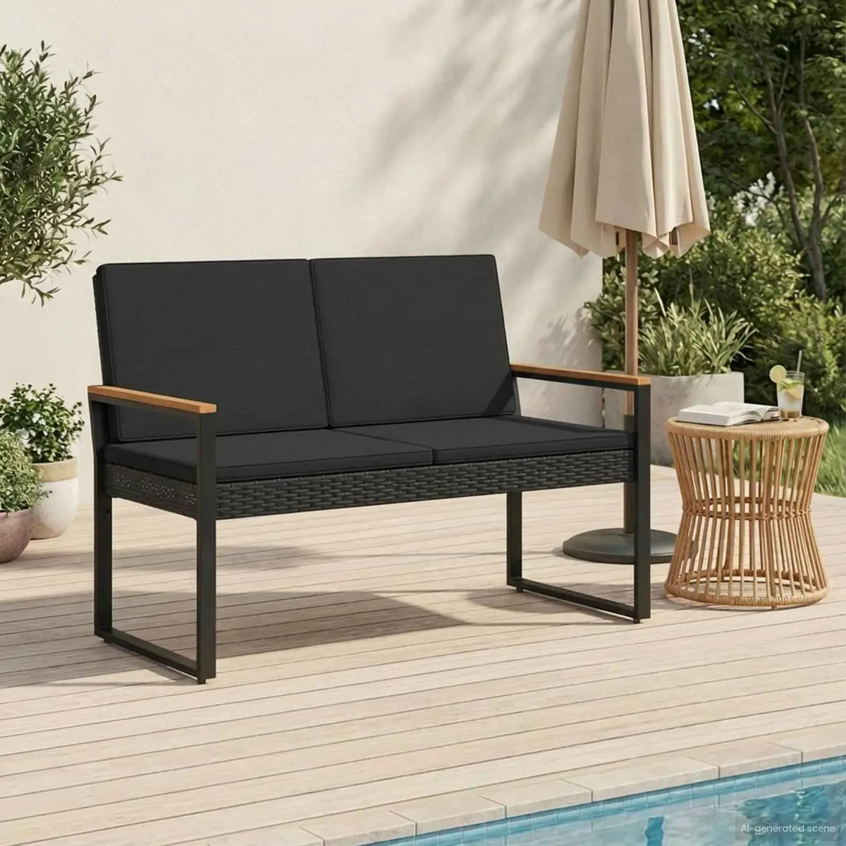 Outdoor Bench Black Cushion Poly Rattan Steel Frame 107 x 61 x 80 cm