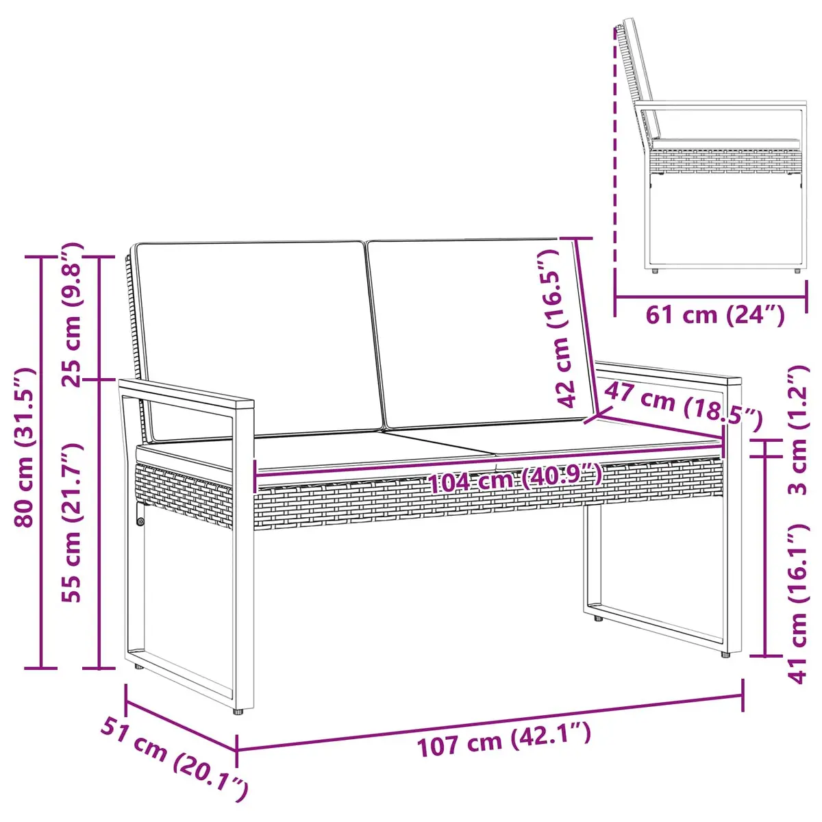 Outdoor Bench Black Cushion Poly Rattan Steel Frame 107 x 61 x 80 cm