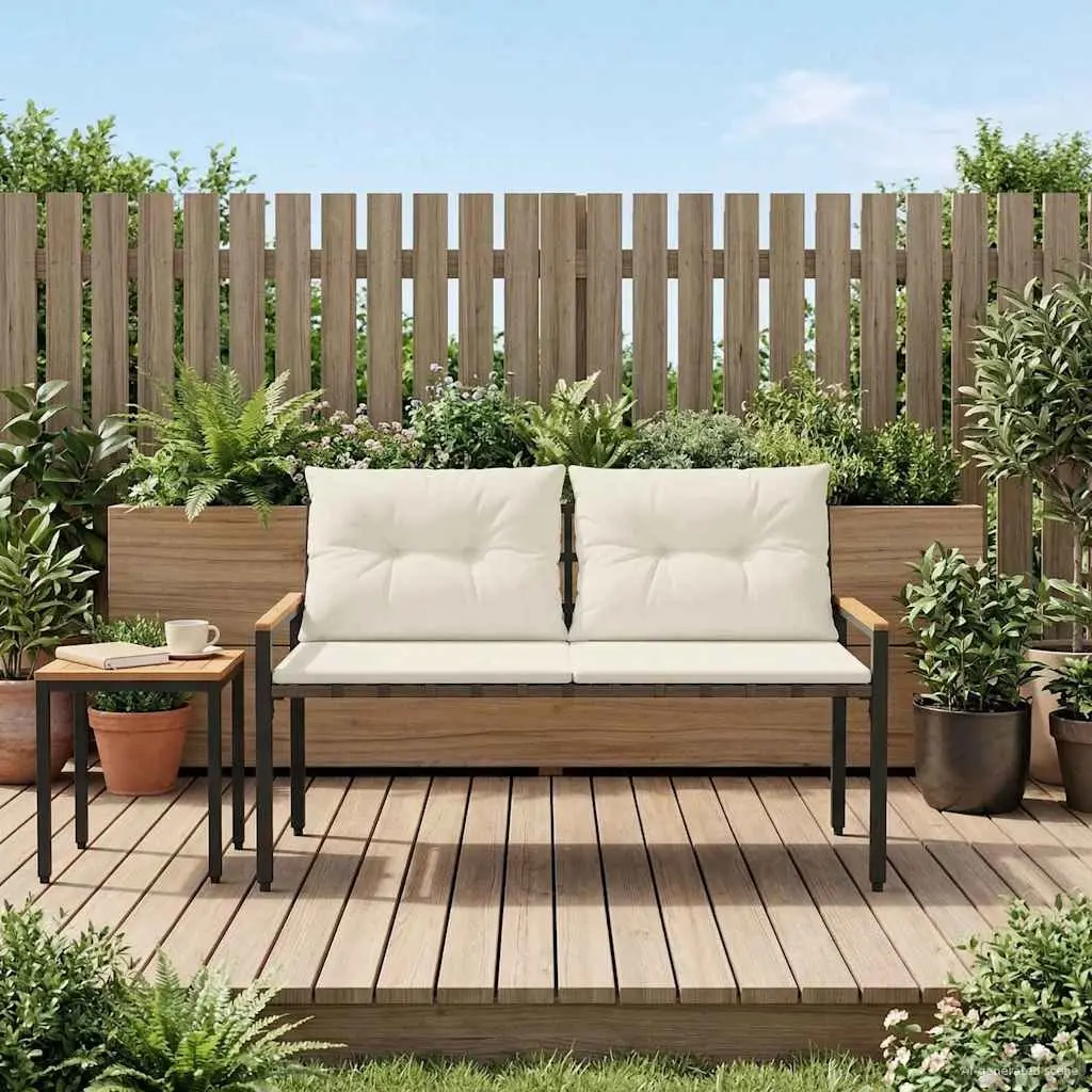 Outdoor Bench 2-Seater Garden Patio Grey Poly Rattan Acacia Wood Backrest Seating