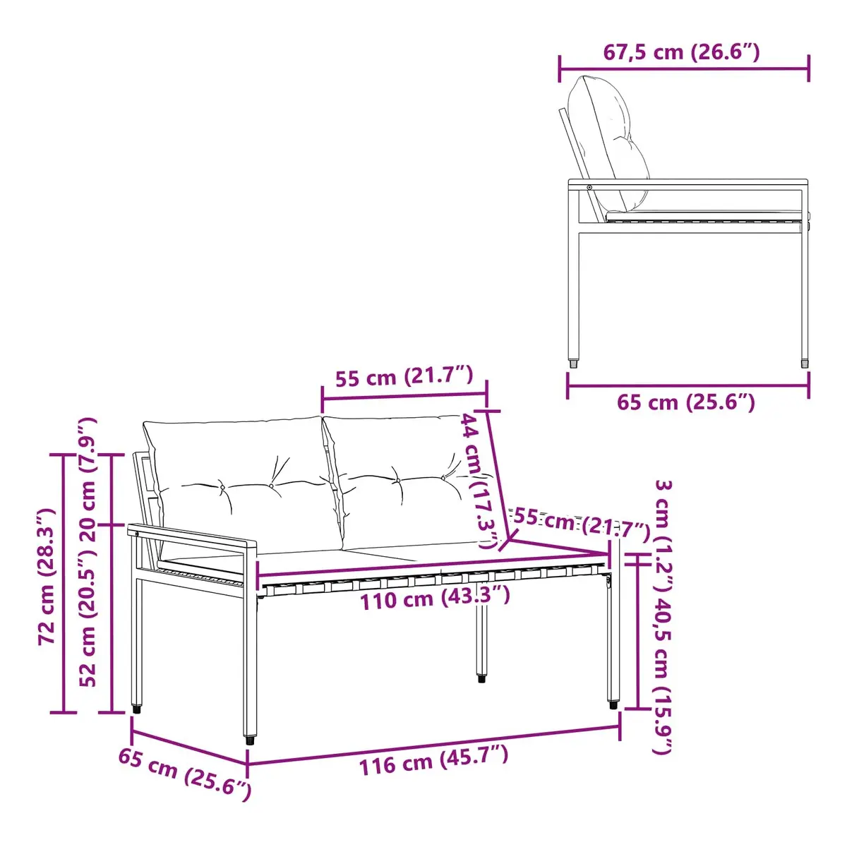 Outdoor Bench 2-Seater Garden Patio Grey Poly Rattan Acacia Wood Backrest Seating