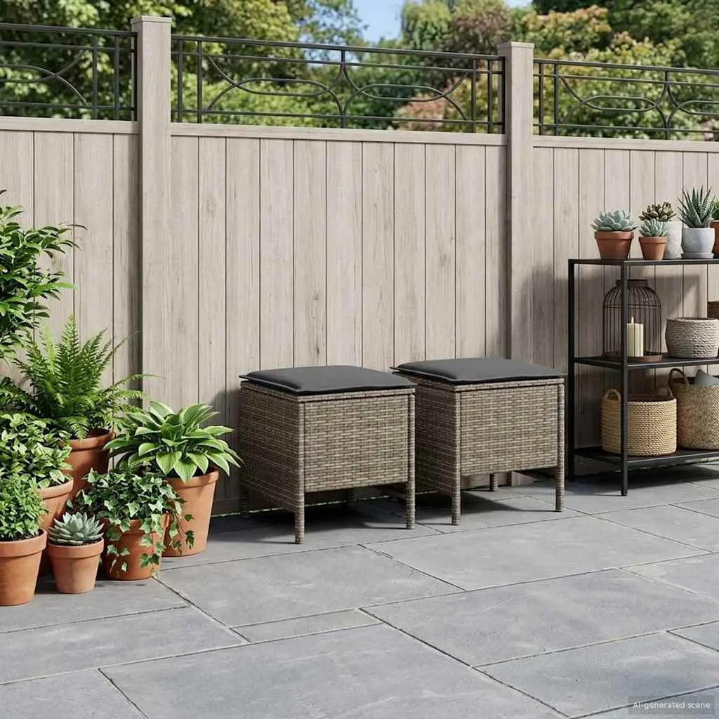 Garden Footstool Indoor Outdoor Seating 2 Piece Set Grey Rattan Frame Removable Cushion