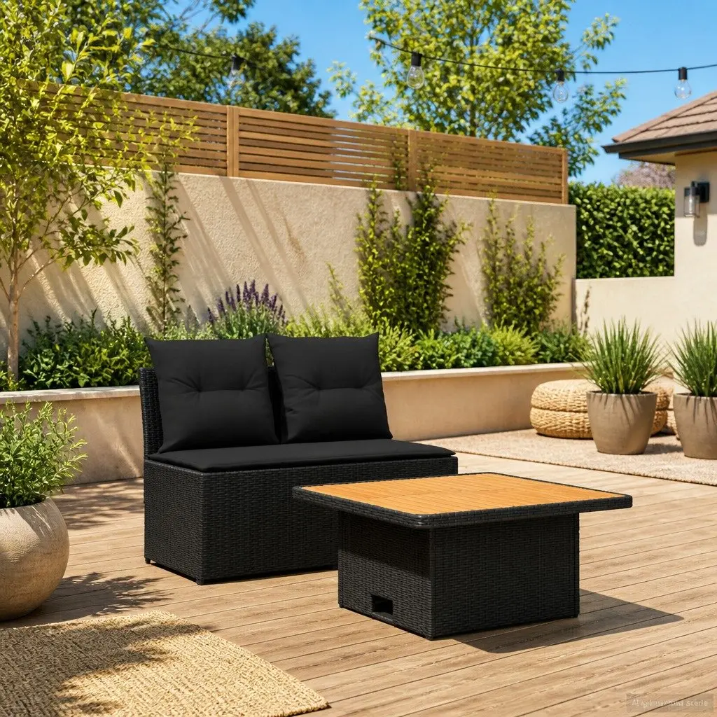 Garden Middle Sofa Lift-Up Table 2 Piece Black