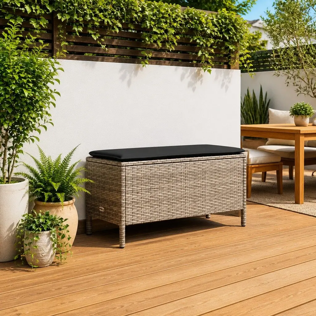 Garden Footstool Ottoman Grey Outdoor Indoor Patio Seating Rattan Cushion 80 x 38 x 45 cm