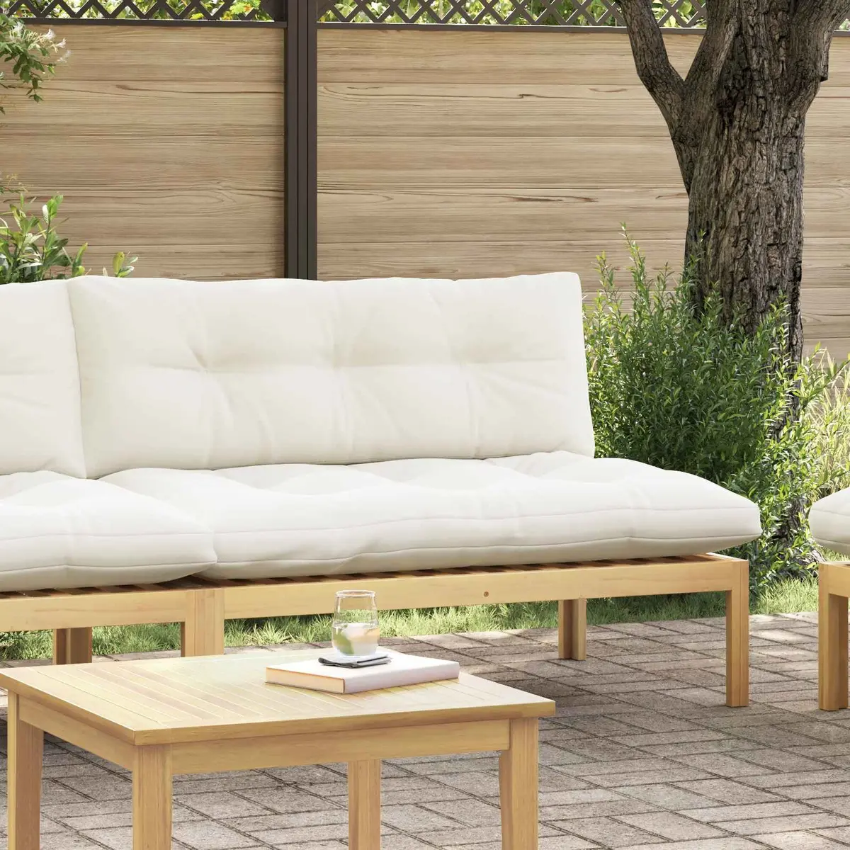 Outdoor Sectional Sofa Middle Unit Light Acacia Cream White