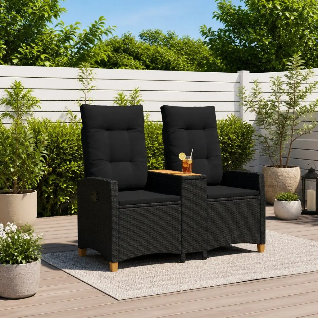 Outdoor Reclining Bench with Tea Table Garden Patio Seating Black Poly Rattan