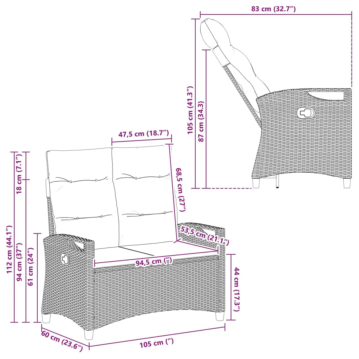 Reclining Garden Bench Adjustable Black Outdoor Lounger Patio Seating