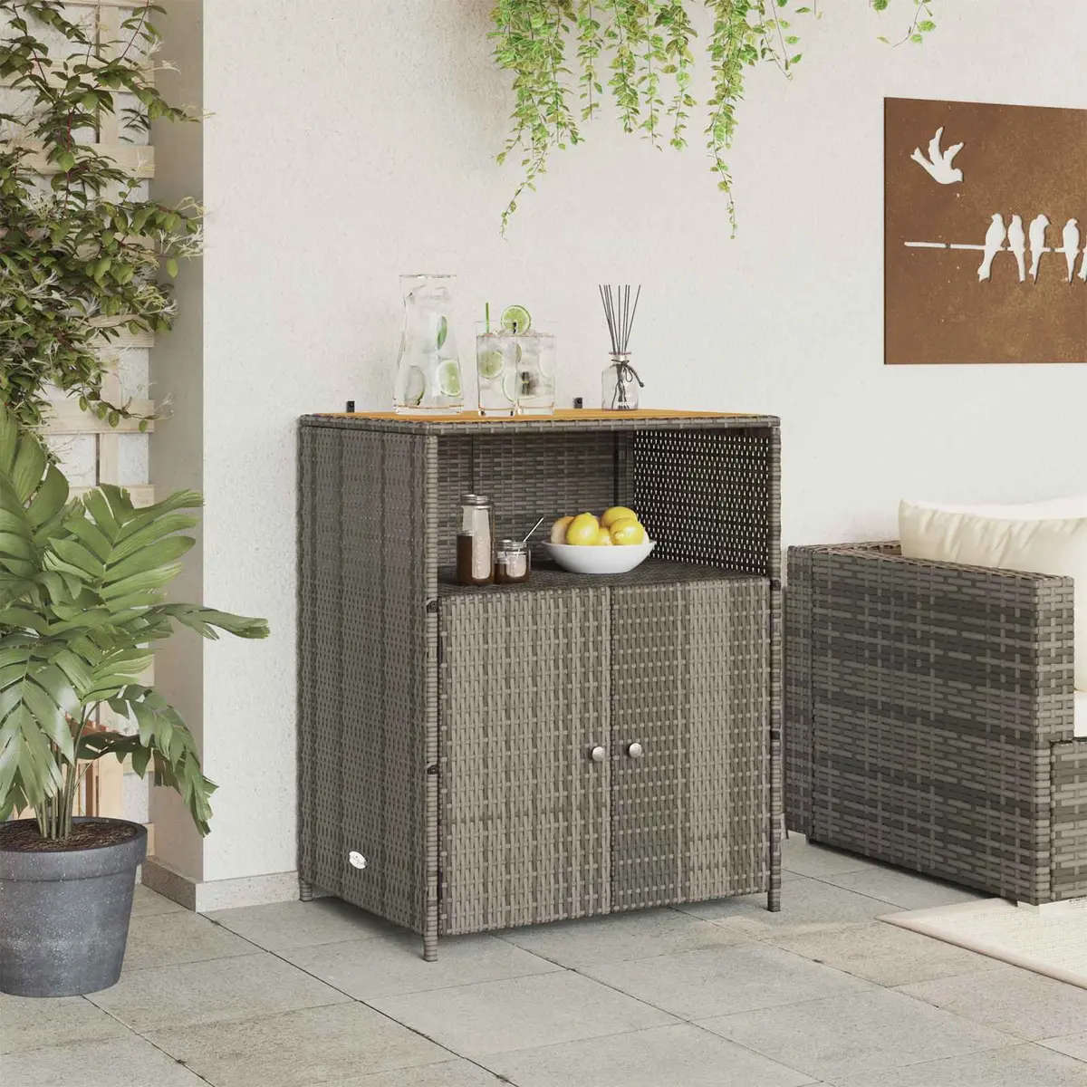 Storage Cabinet Grey 70x50x87cm Acacia Wood Top Rattan Doors Indoor Outdoor