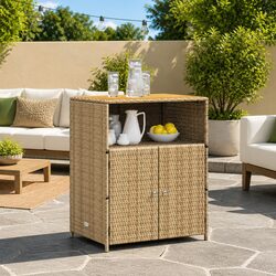 Practical Beige Rattan Cabinet with Solid Wood Top