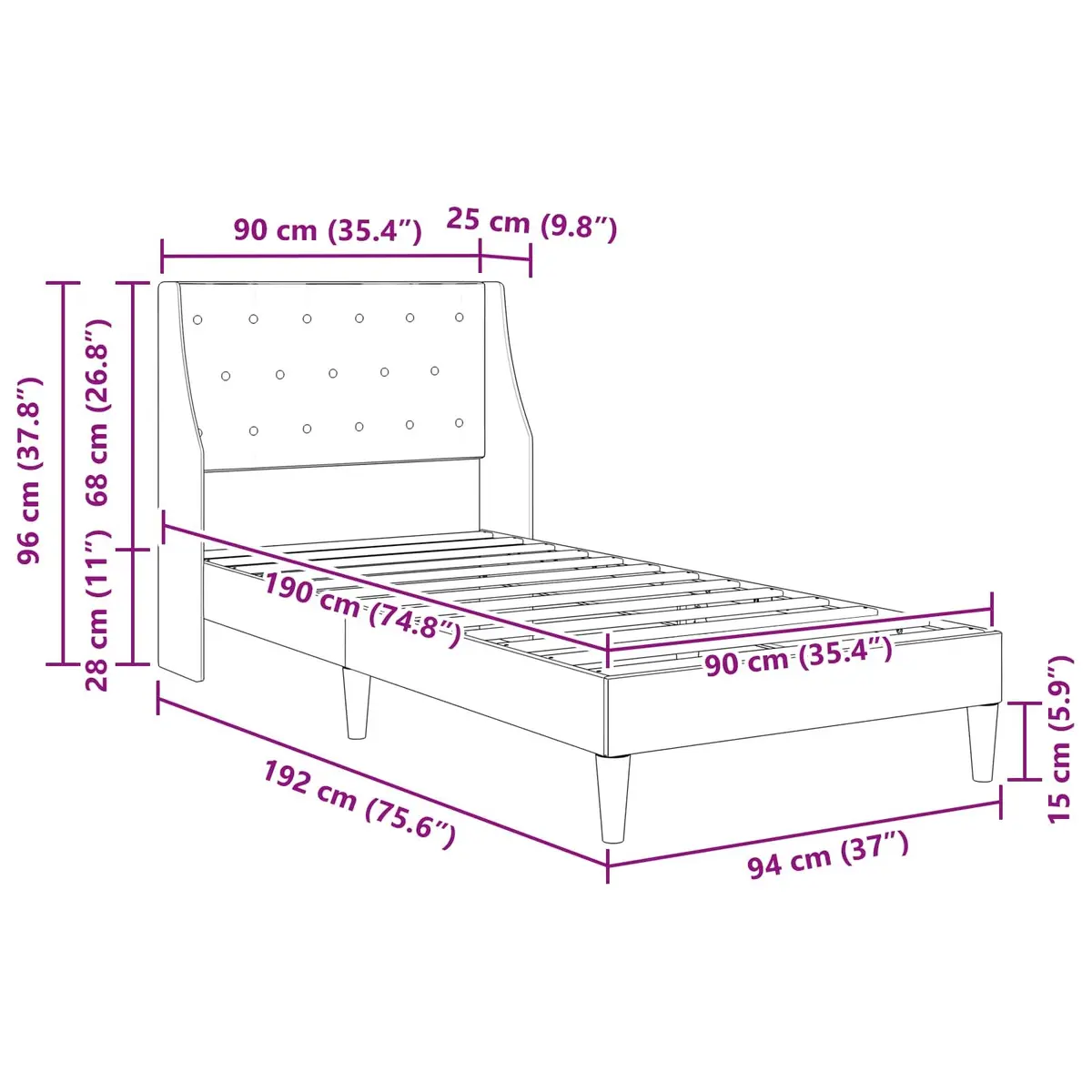 Bed Frame with Headboard Grey 90 x 190 cm Velvet Modern Bedroom Furniture
