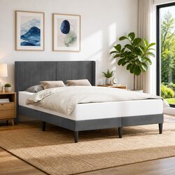 Value-Driven Dark Grey Bed Frame with Velvet Headboard 137 x 190 cm