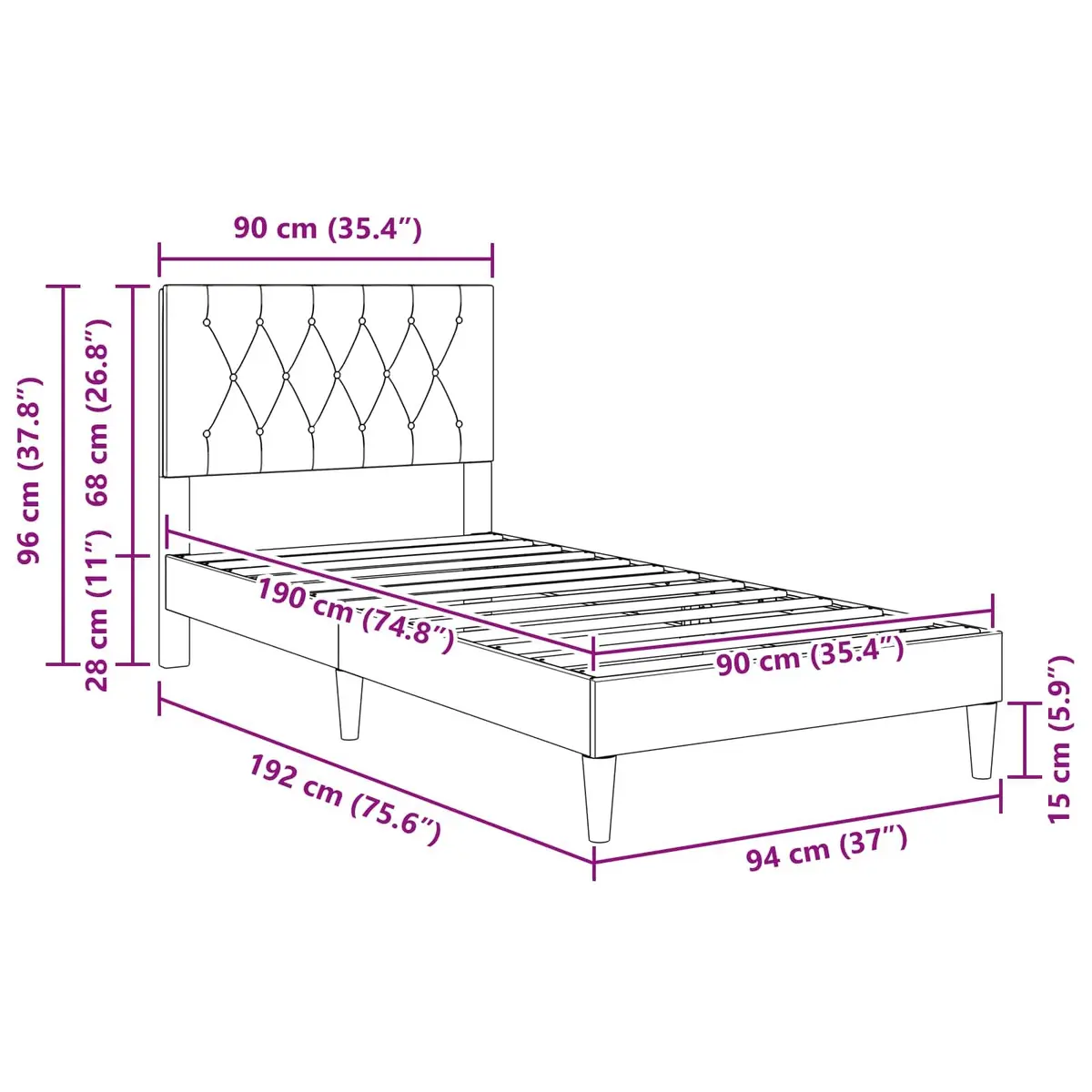 Bed Frame with Headboard Dark Grey 90 x 190 cm Velvet Modern Bedroom Furniture
