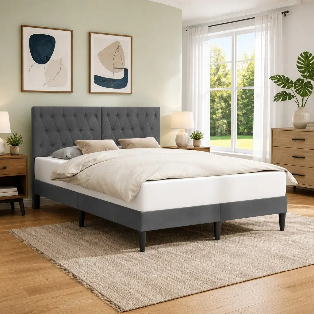 Bed Frame with Headboard Dark Grey 137 x 190 cm Velvet Modern Bedroom Furniture