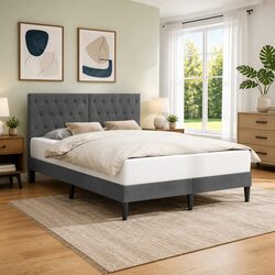 Reliable Bed Frame with Dark Grey Velvet Headboard