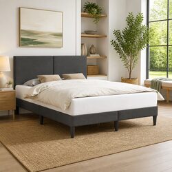 Modern Bed Frame Dark Grey Corduroy Headboard 153x203cm Bedroom Furniture