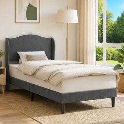 Practical Dark Grey Bed Frame with Velvet Headboard