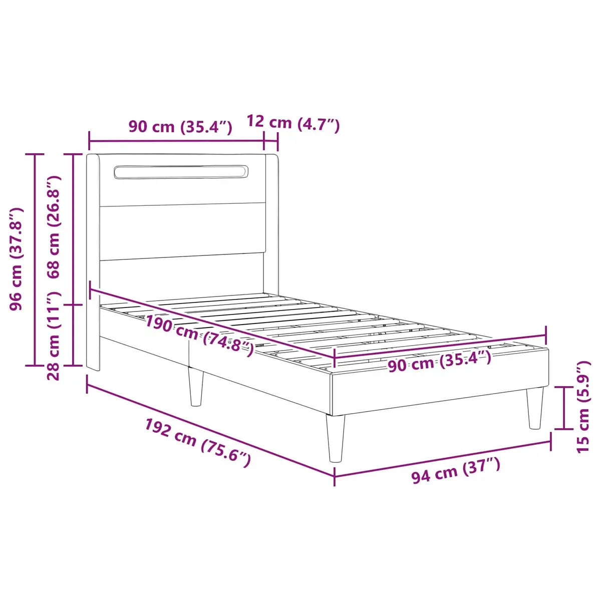 Modern Bed Frame with Multicolour LED Strip Lights Black 90 x 190 cm Faux