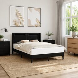 Reliable Black Bed Frame with LED Lights: Faux Leather, 153 x 203 cm