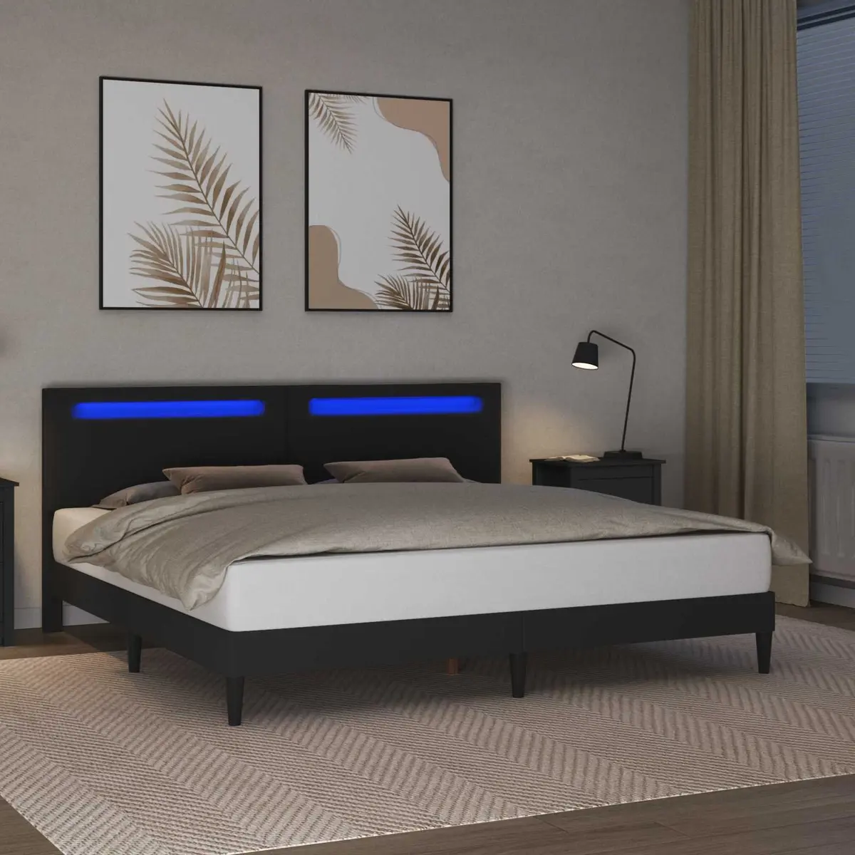 Black Bed Frame with LED Lights and USB Port