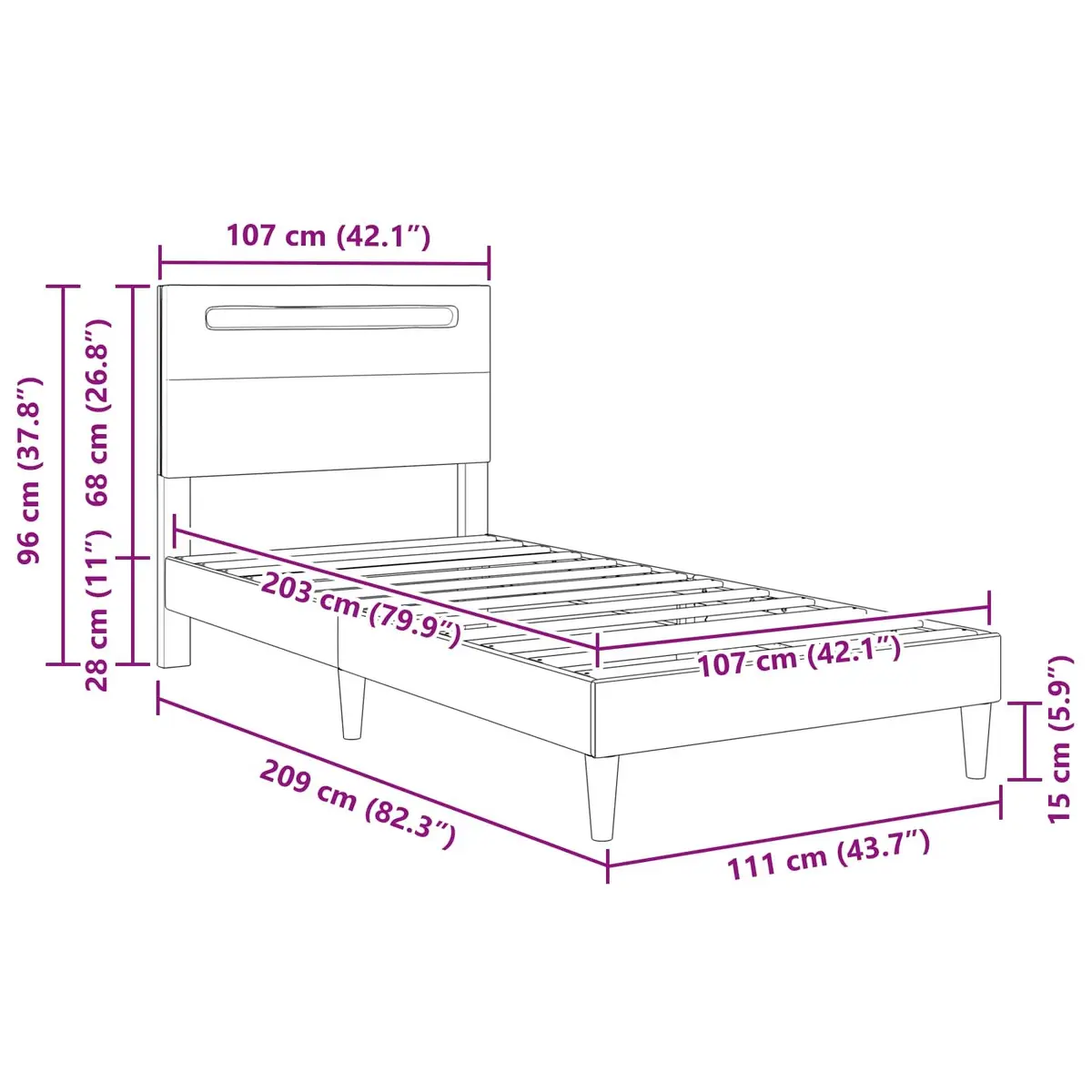 Black Bed Frame with LED Lighting 107 x 203 cm
