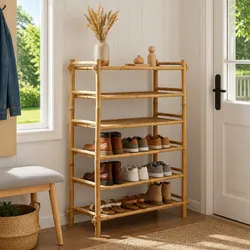 6-Tier Bamboo Shoe Rack Shelf Storage Organiser Natural Brown Rectangular
