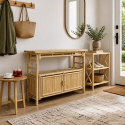 Console Table with Shelf Brown Modern Accent Table Living Room Entryway Bamboo