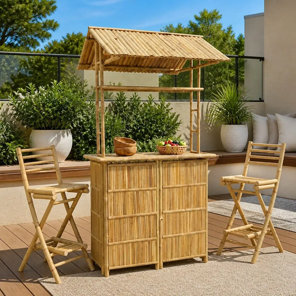 Bamboo Outdoor Bar Table with Storage 115x95x214cm