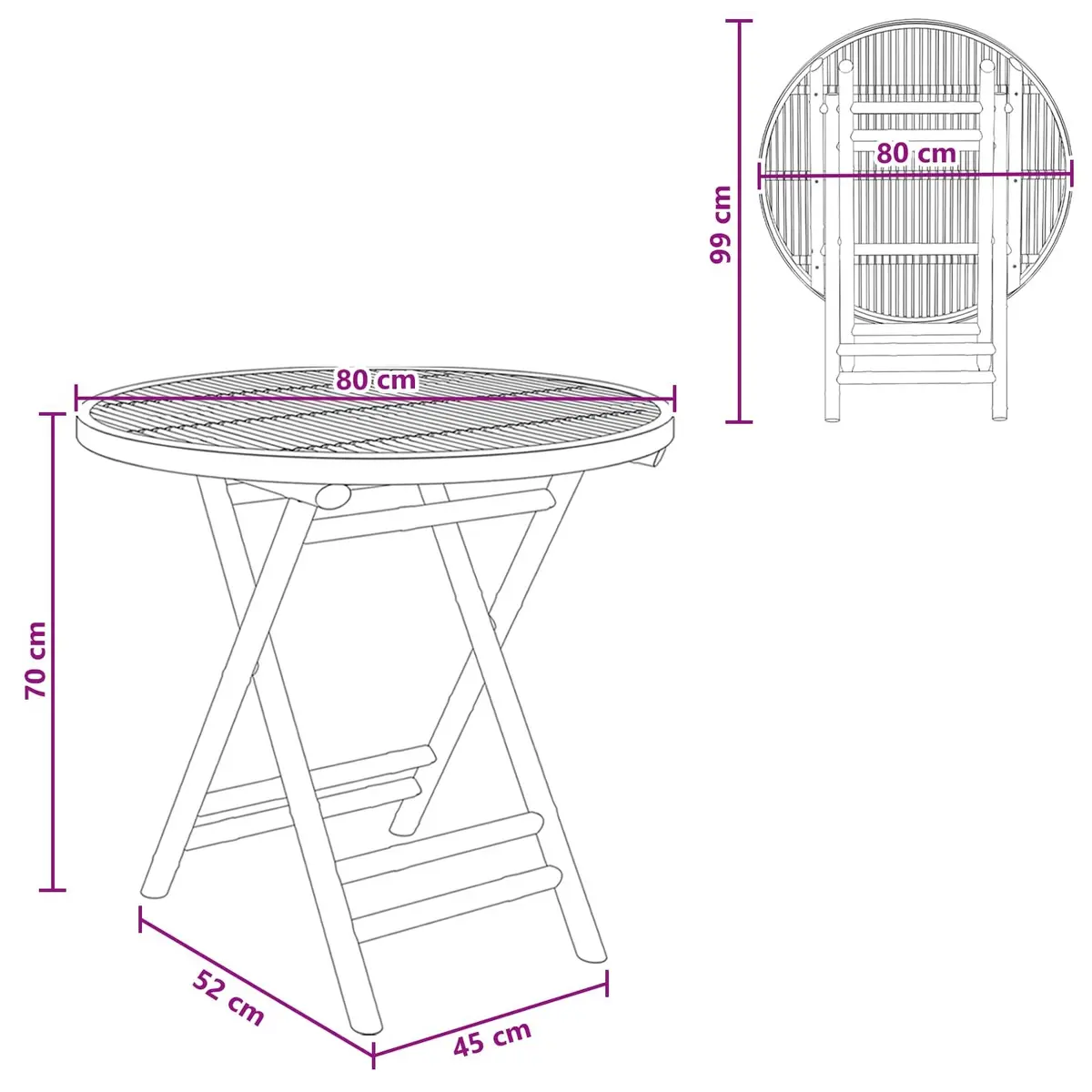 Bamboo Garden Table Foldable Indoor Outdoor Furniture 80x70cm Natural Brown