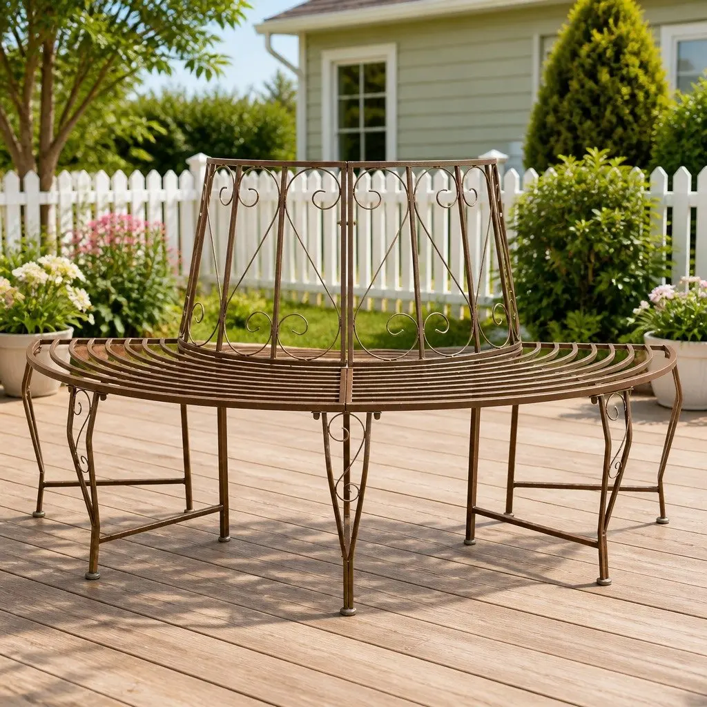 Outdoor Tree Bench Wraparound Seating 4-Seater Steel Frame Antique Brown