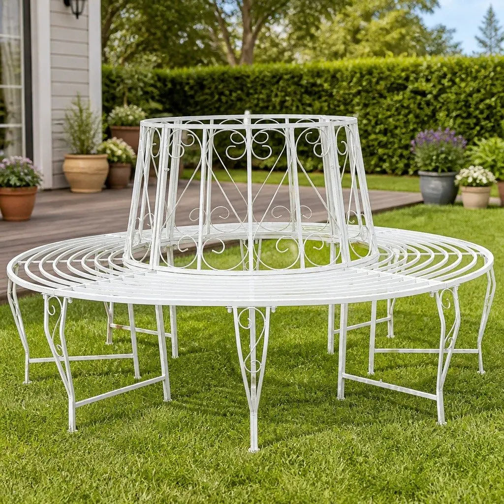 Steel Round Tree Bench 8-Seater Outdoor Seating Ø160cm Antique White