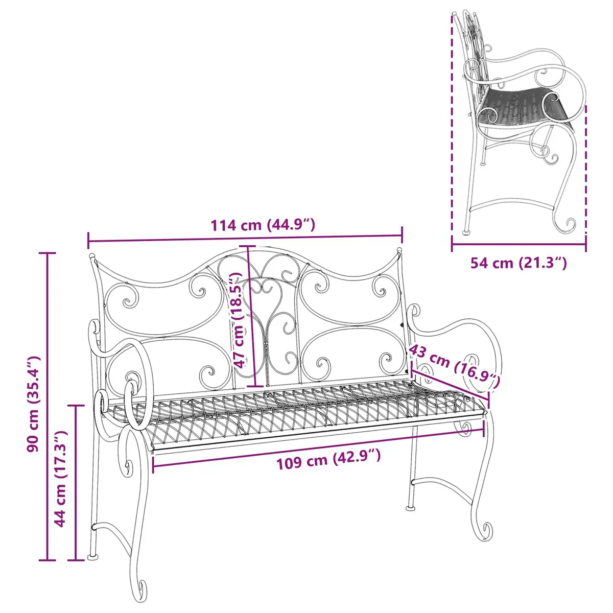 Garden Bench 2-Seater Outdoor Seating Silver Steel Sturdy Backyard Patio
