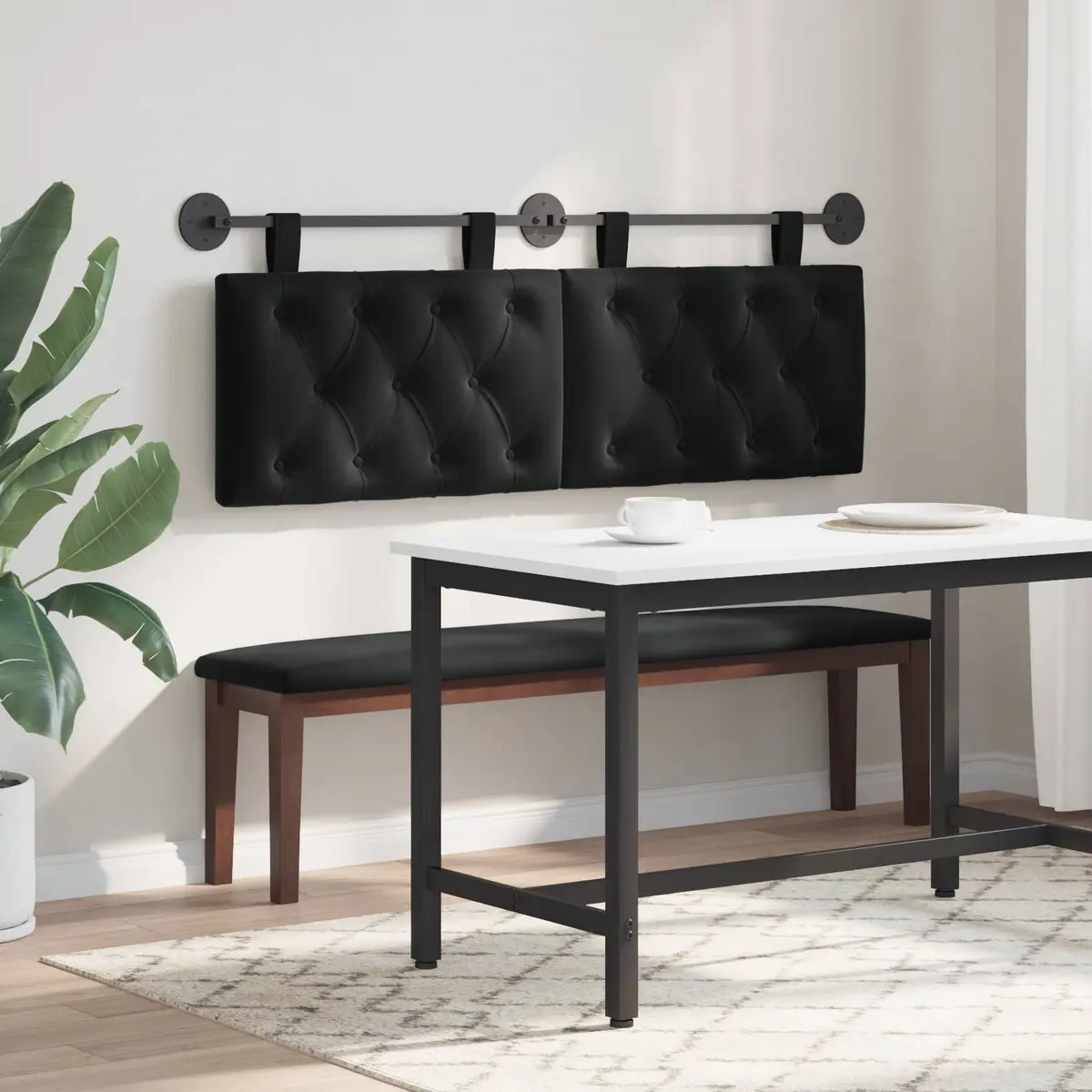 Hanging Headboard LED Light Black Velvet Button Tufted Modern Wall Mount