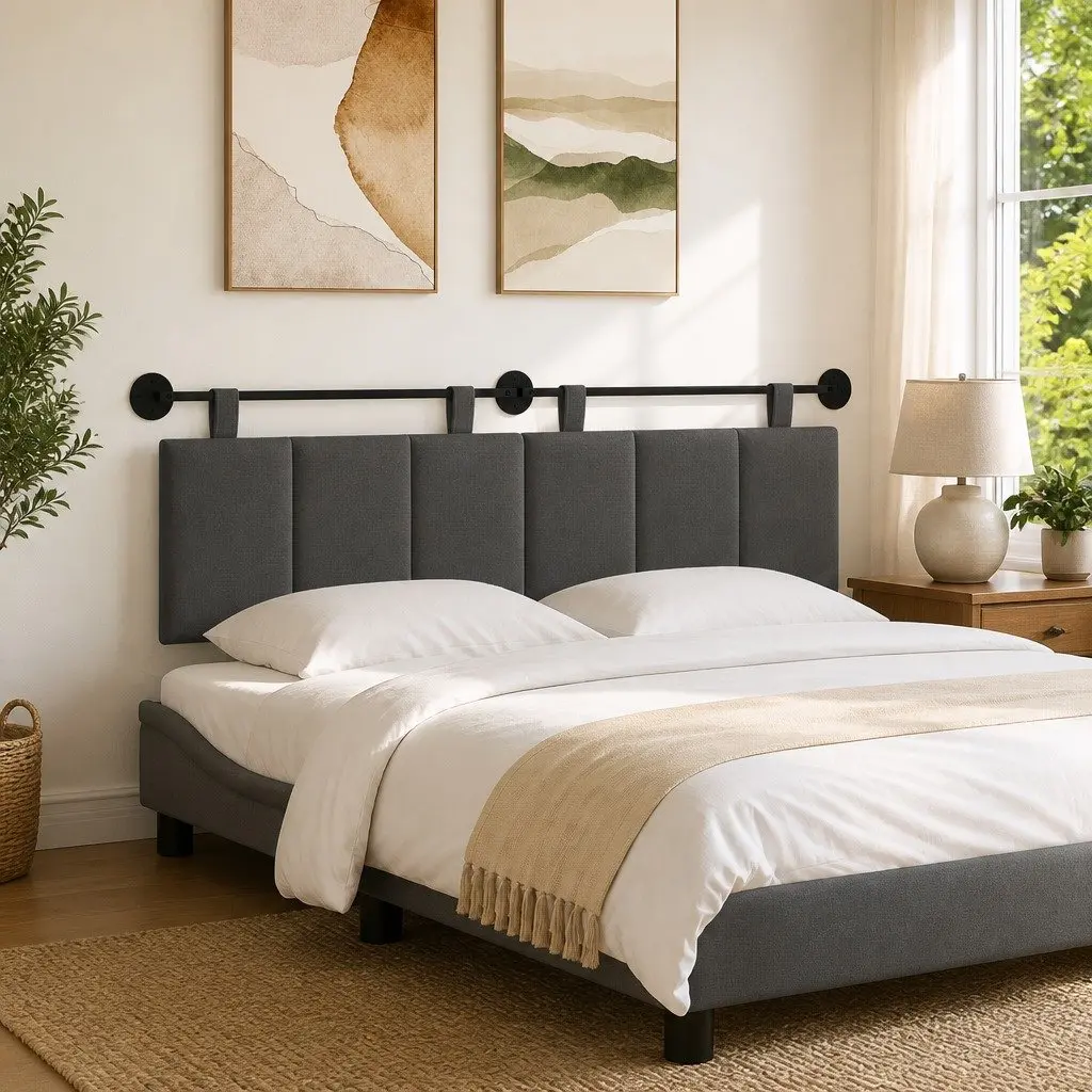 Hanging Headboard Upholstered Bedroom Fabric Modern Dark Grey Stripes