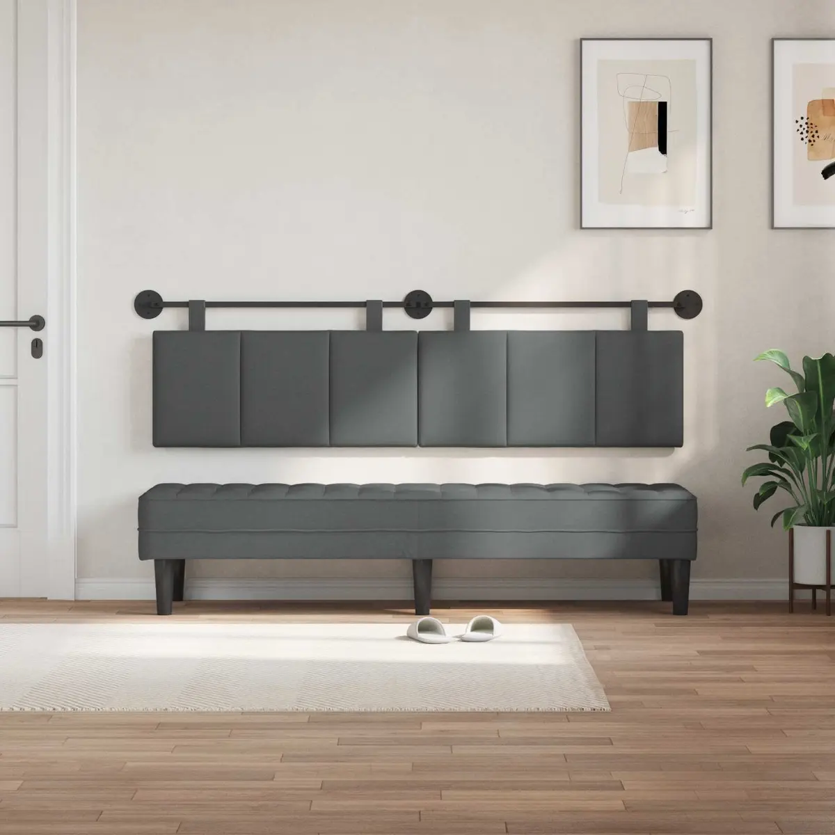 Hanging Headboard Upholstered Bedroom Fabric Modern Dark Grey Stripes