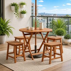 Folding Garden Table Round Brown Solid Eucalyptus Wood Outdoor Dining Parasol
