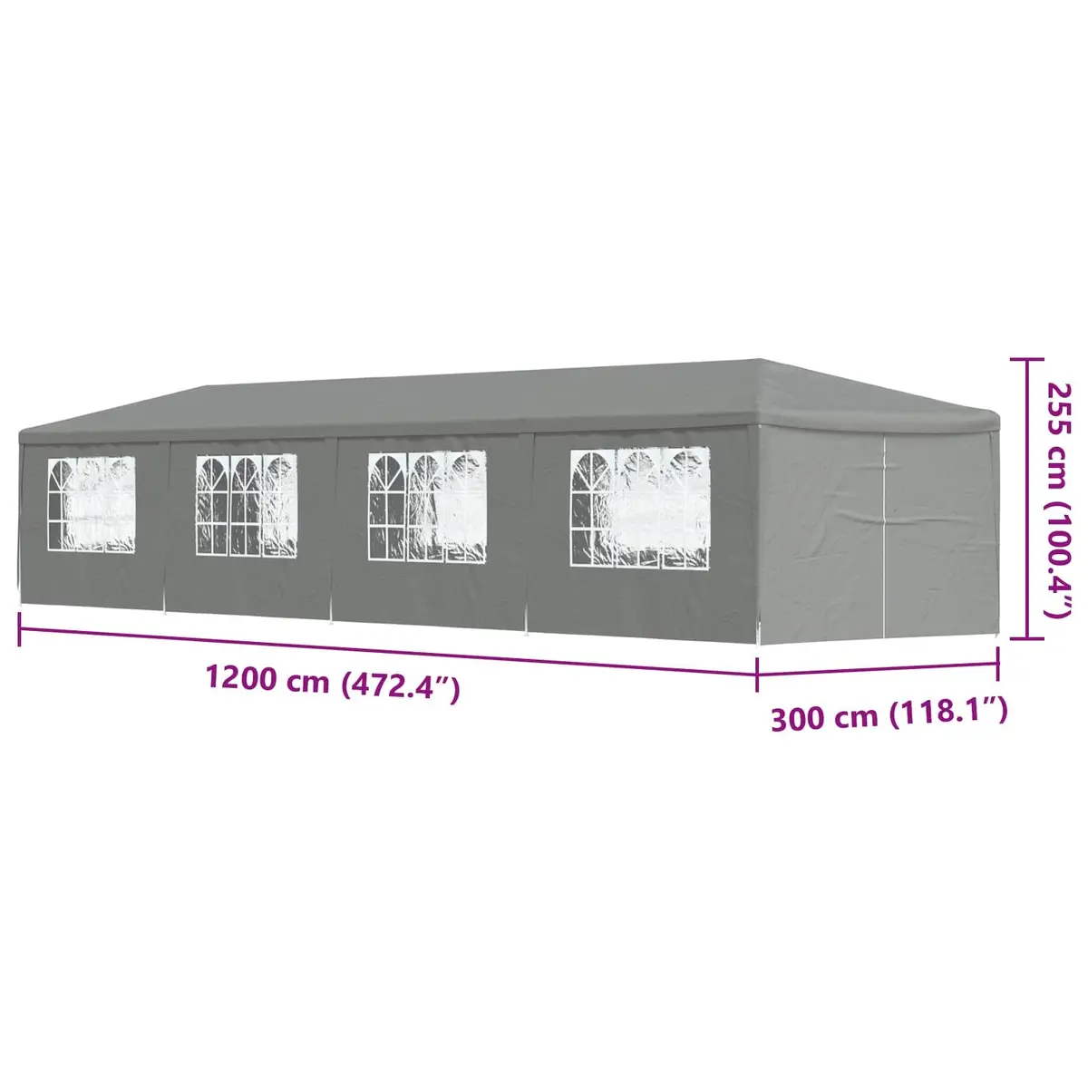 Party Tent Outdoor Canopy 1200 x 300 x 255 cm Grey with Side Panels and Doors