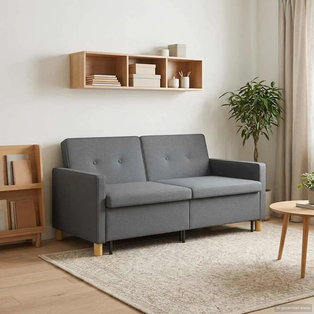 Pull Out Sofa Bed Dark Grey Fabric Adjustable Backrest Foldable Legs