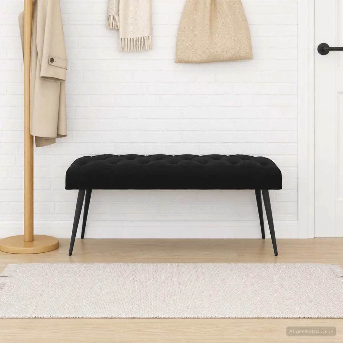 Button Tufted Velvet Bench Black Seat Ottoman Living Room Bedroom