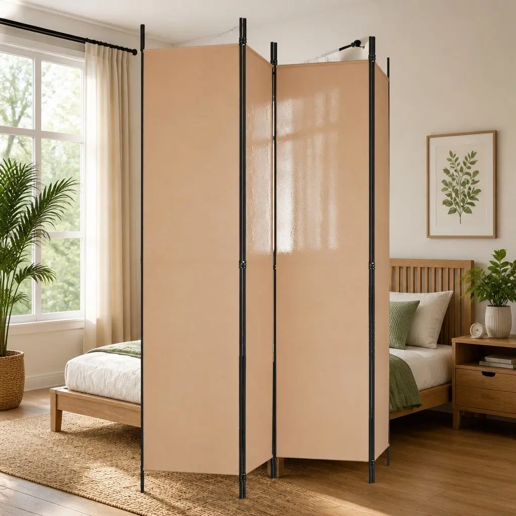 4-Panel Room Divider Beige Fabric Foldable Privacy Screen Partition 200x220cm
