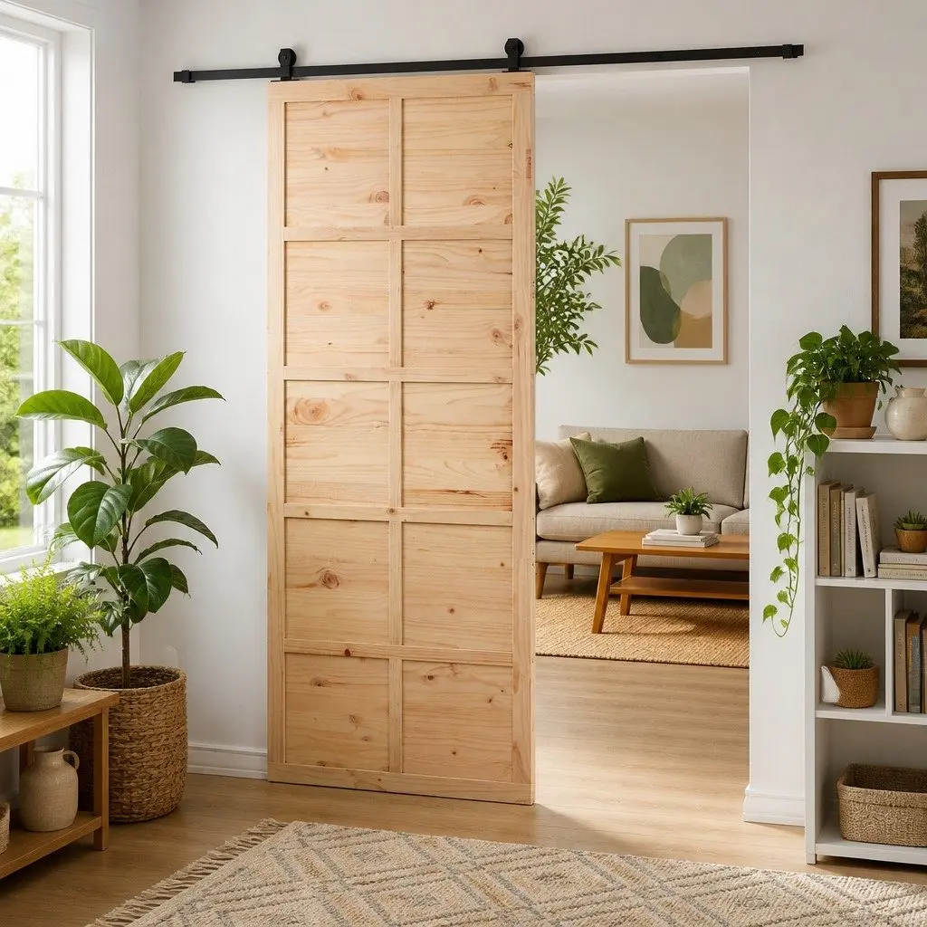 Barn Door Sliding Solid Pine Wood Interior Rustic 80cm Brown