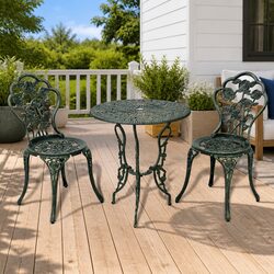 3 Piece Outdoor Bistro Set: Green Round Table with 2 Chairs
