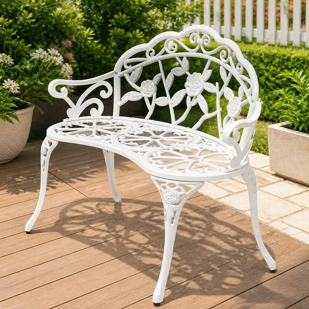 Garden Bench Outdoor Seating 100cm White Cast Aluminium