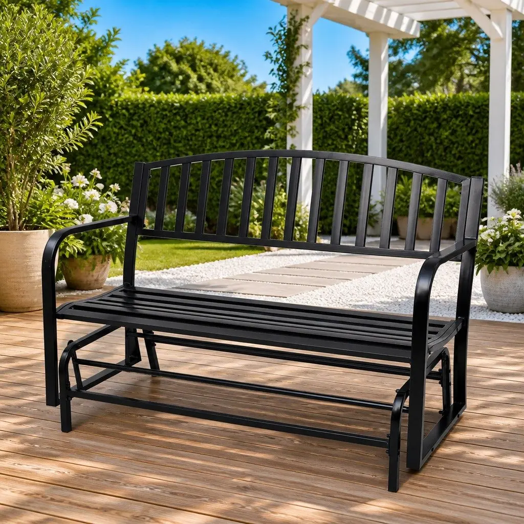 Swing Bench Outdoor Seating Black Steel Two Person