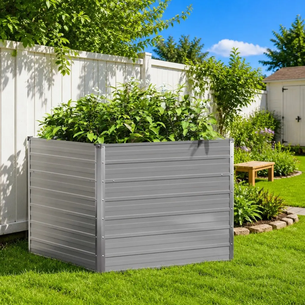Raised Garden Bed Galvanised Steel Planter 100x100x77 cm Grey for Vegetables Herbs