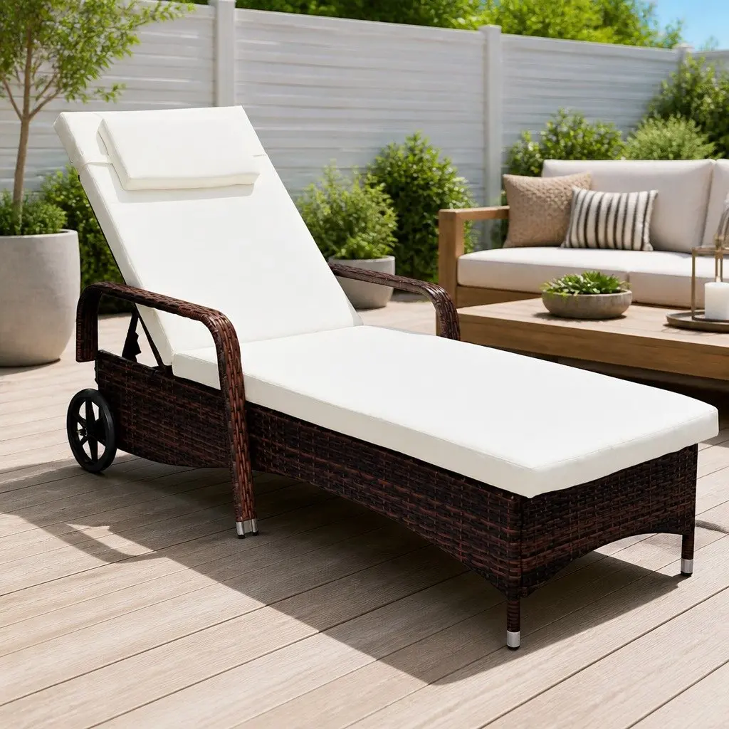 Sun Lounger with Cushion Wheels Adjustable Backrest Outdoor Reclining Chair