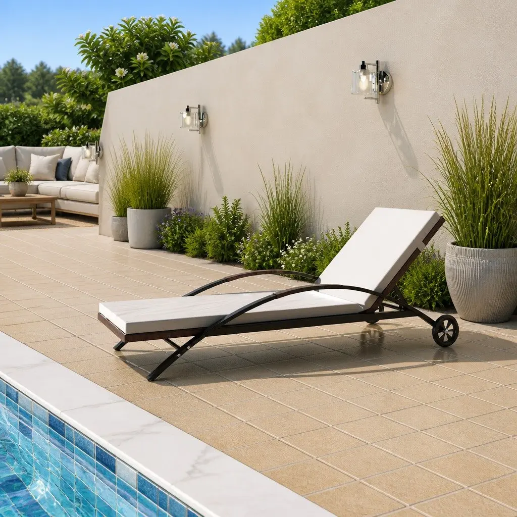 Sun Lounger Adjustable Backrest with Cushion Wheels Rattan Outdoor Garden Patio Lounge Chair Brown