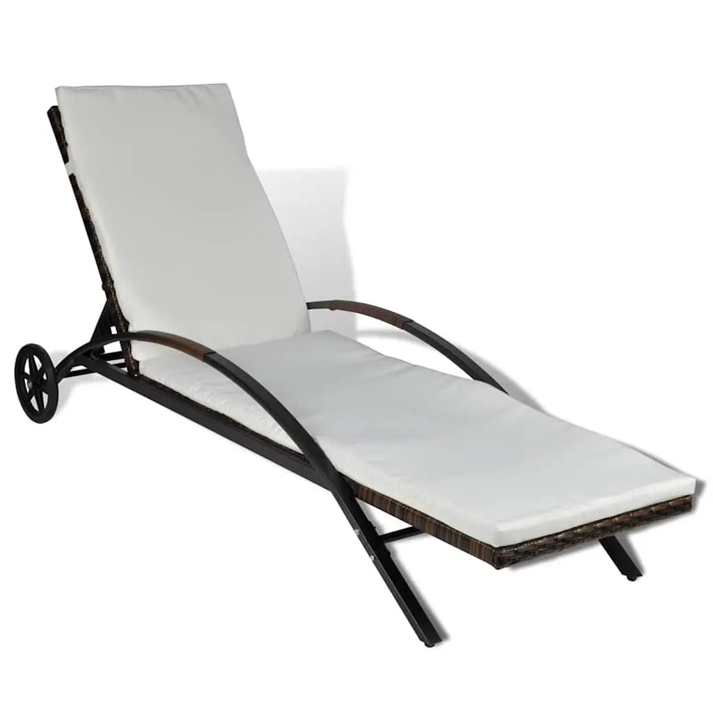 Sun Lounger Adjustable Backrest with Cushion Wheels Rattan Outdoor Garden Patio Lounge Chair Brown