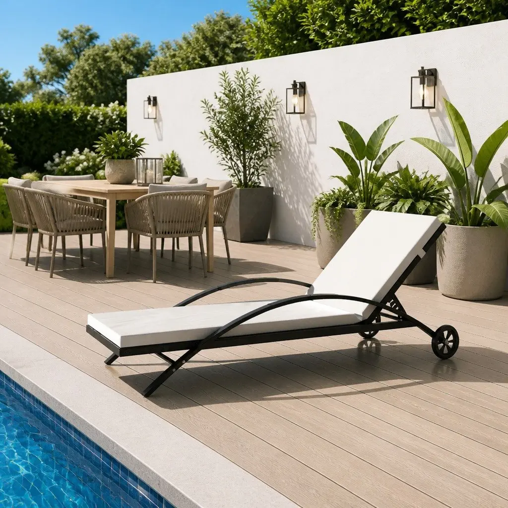 Sun Lounger Adjustable Backrest with Cushion and Wheels Outdoor Patio Garden Black
